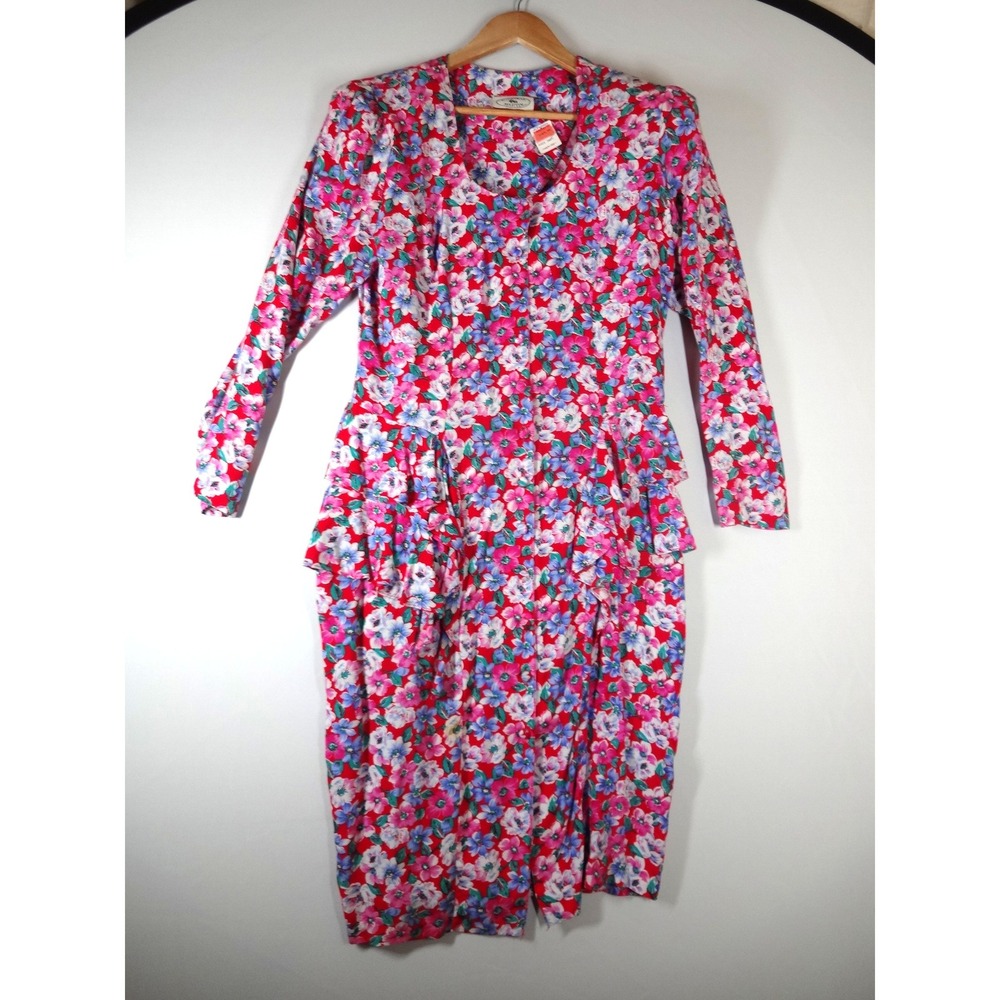 VTG Johnathan Martin Floral Midi Dress 10 Red Blue Pink Peplum Ruffle Maximalist